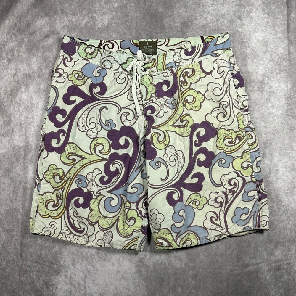 Old Navy Mens L Green Purple Paisley Swirl Swim Trunks Mesh Liner Board Shorts
